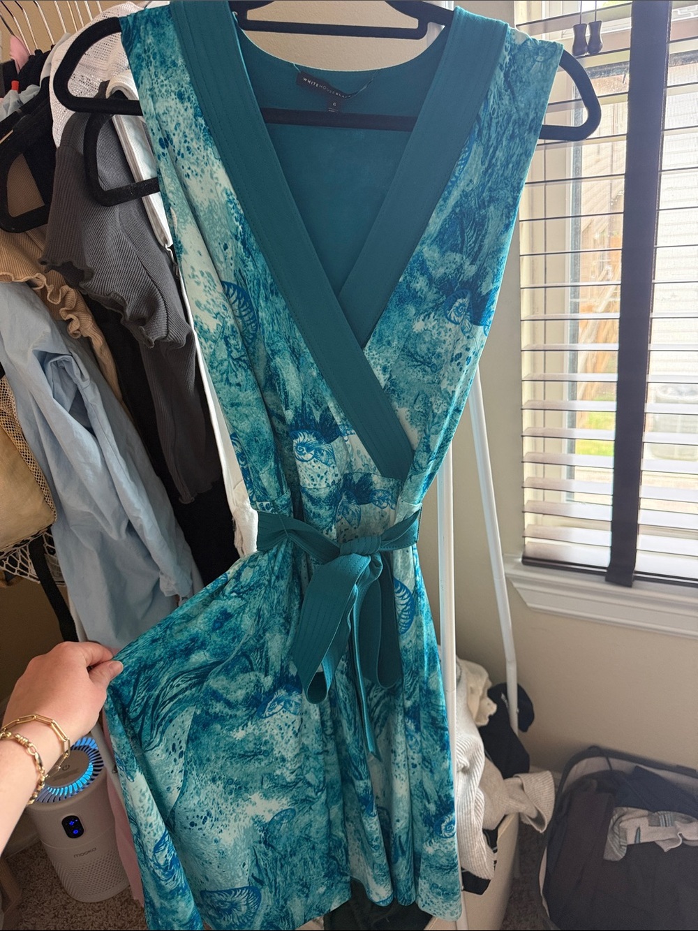 WHBM Tie Waist Blue Seashell Midi Dress
